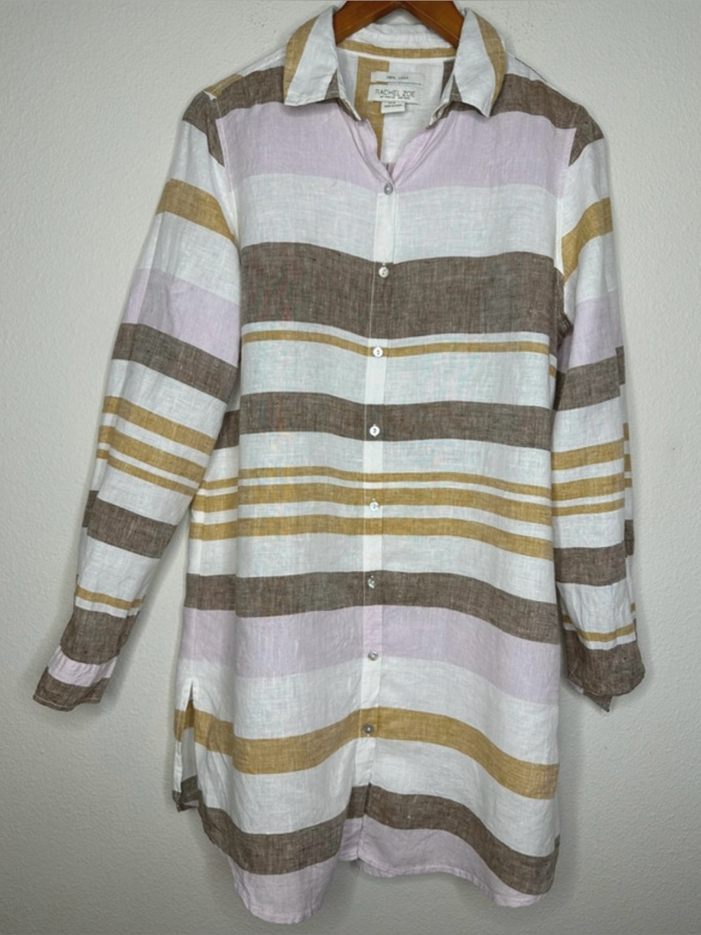 Linen 100% Striped Longline Tunic Shirt M Oversized Resort Boho Rachel Zoe